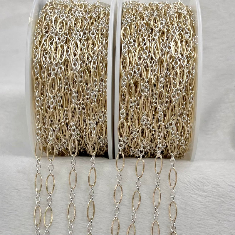 CX127K: Mixed Metal 2 Tone Long plus Short Knurled Oval Chain by the foot
