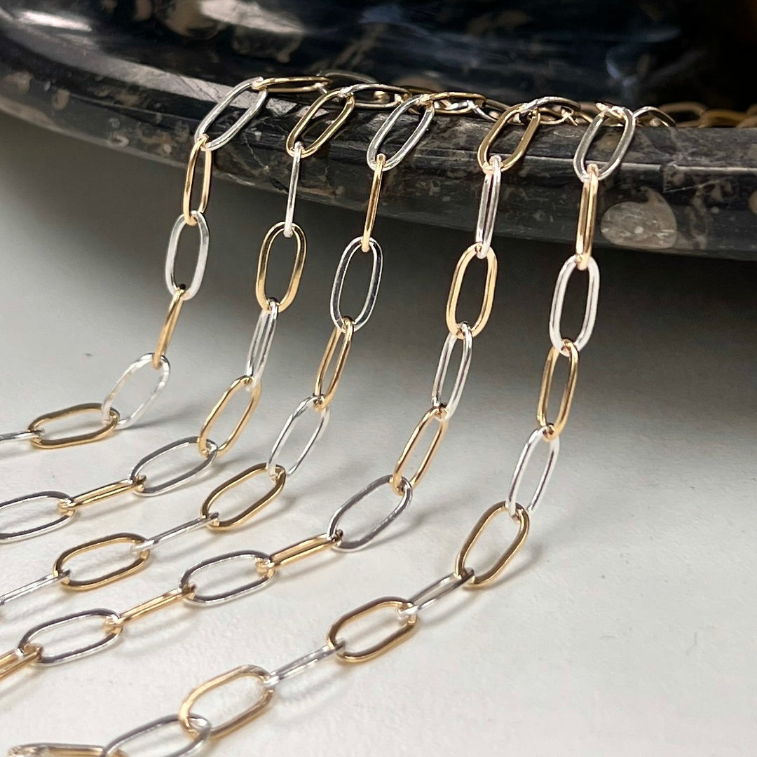 CX148: Mixed Metal 2 Tone Flat Paperclip Chain by the foot