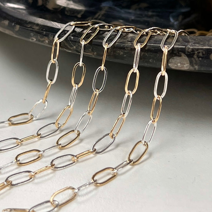 CX148: Mixed Metal 2 Tone Flat Paperclip Chain by the foot