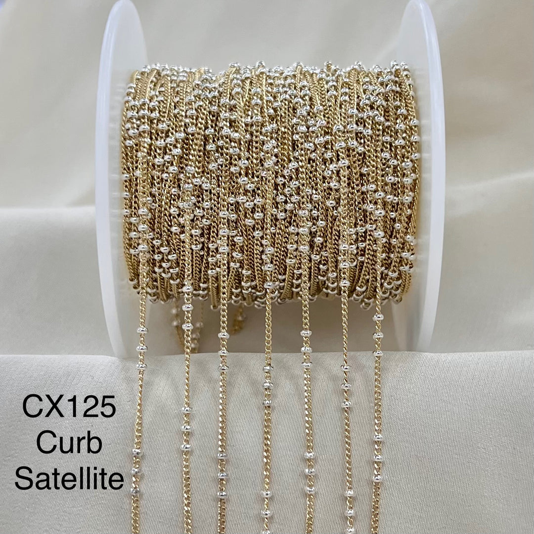 CX125: Mixed Metal 2 Tone Triple Bead Curb Satellite Chain by the foot (26ga Jump Ring)