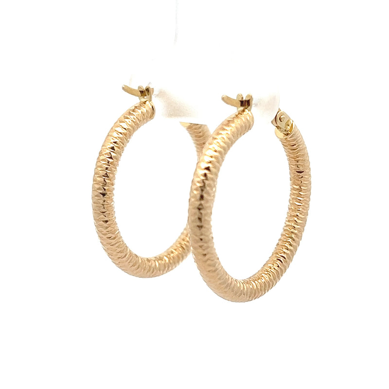 14kt Gold Textured 3mm Wide Round Hoops