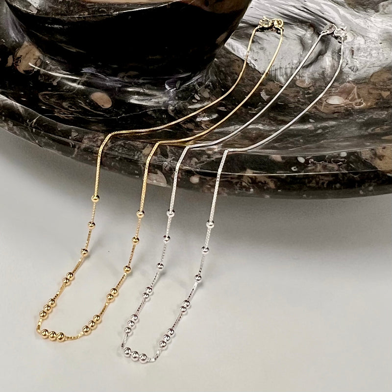Dainty Beaded Box Chain - Sterling Silver Gold Plated
