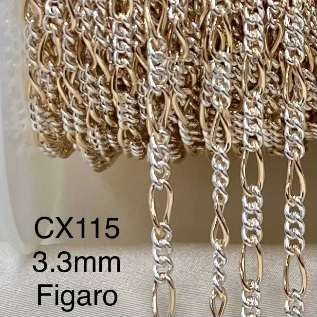 CX115 - 2 Tone Mixed Metal Round Figaro Chain by the foot