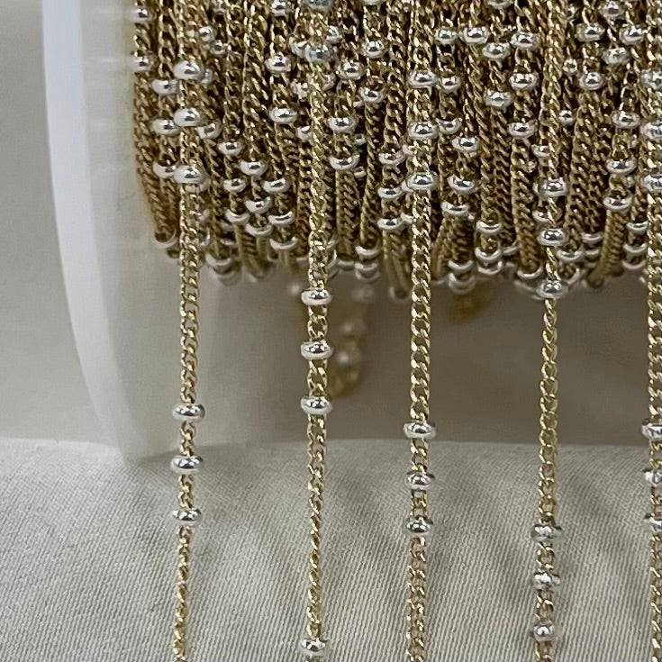 CX125: Mixed Metal 2 Tone Triple Bead Curb Satellite Chain by the foot (26ga Jump Ring)