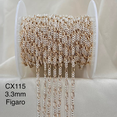 CX115 - 2 Tone Mixed Metal Round Figaro Chain by the foot