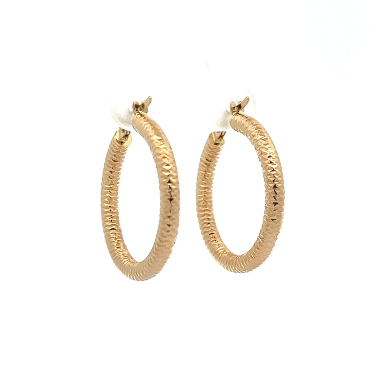 14kt Gold Textured 3mm Wide Round Hoops