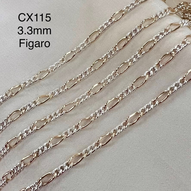 CX115 - 2 Tone Mixed Metal Round Figaro Chain by the foot