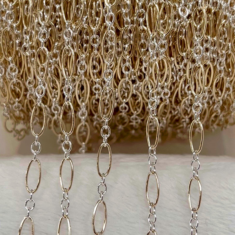 CX127R: Mixed Metal 2 Tone Long plus Short Round Oval Chain by the foot