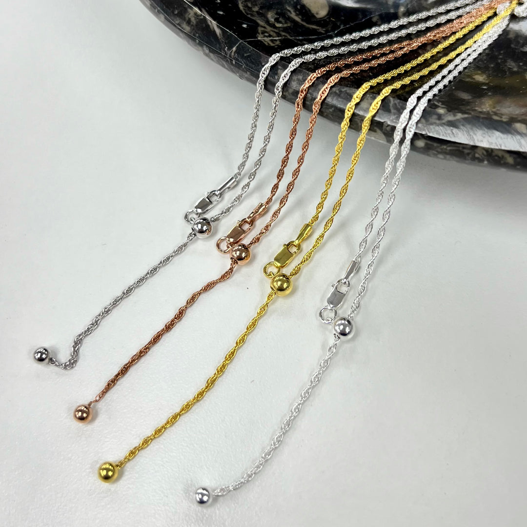 Adjustable / Bolo Rope Sterling Silver Chain 24” Max