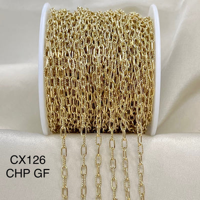 Gold chain on a spool with 'CX126 CHP GF' text