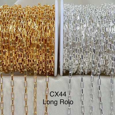 Gold and silver chain roll with 'CX44 Long Rolo' text on a neutral background