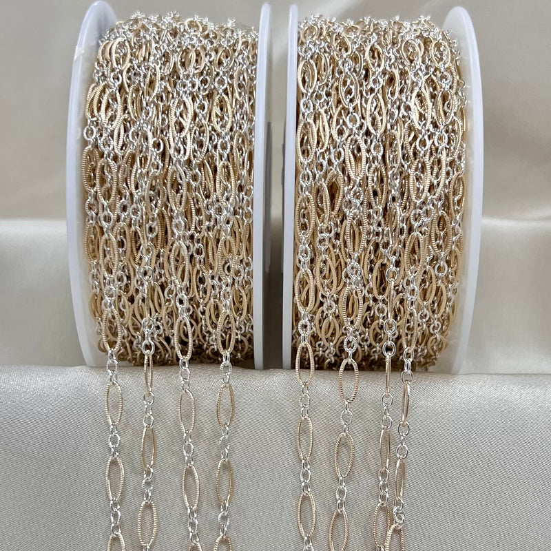 CX127K: Mixed Metal 2 Tone Long plus Short Knurled Oval Chain by the foot