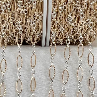 CX127K: Mixed Metal 2 Tone Long plus Short Knurled Oval Chain by the foot