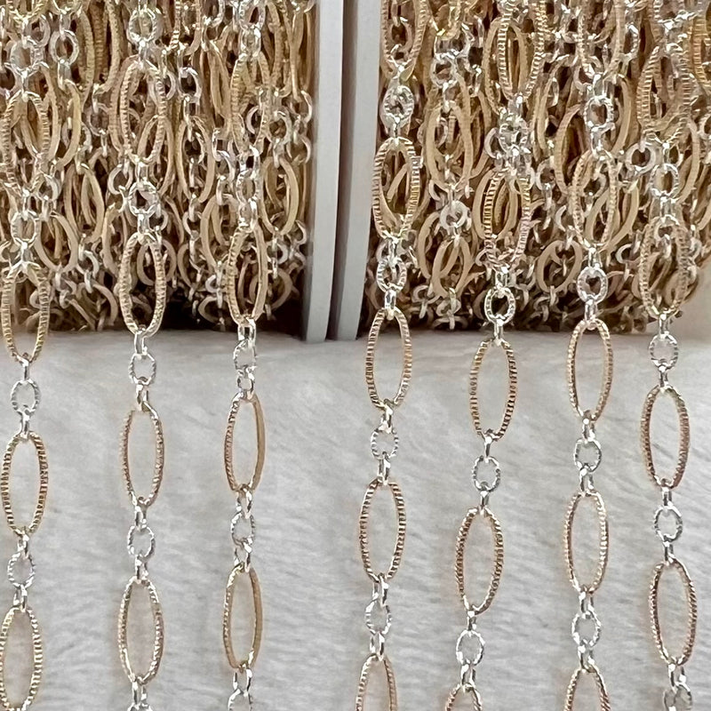 CX127K: Mixed Metal 2 Tone Long plus Short Knurled Oval Chain by the foot