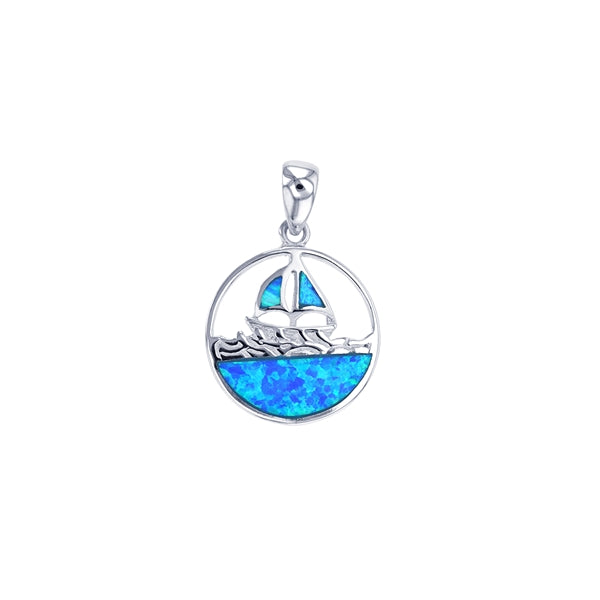 Sailboat Blue on Wave Opal Pendant