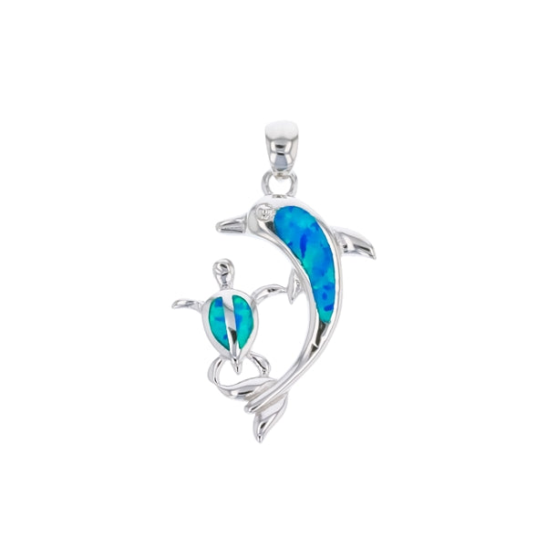 Dolphin and Turtle Blue Opal Pendant