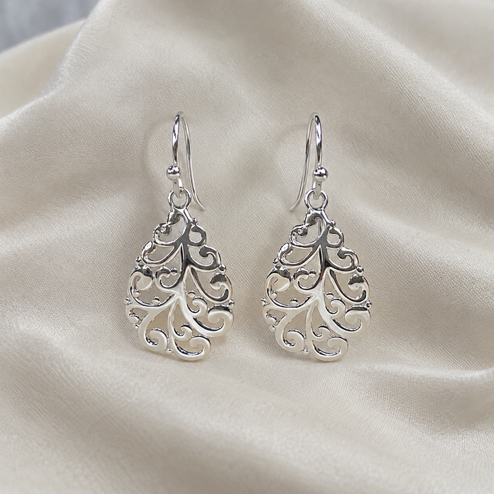 SER1916 Filigree Teardrop French Wire Earrings
