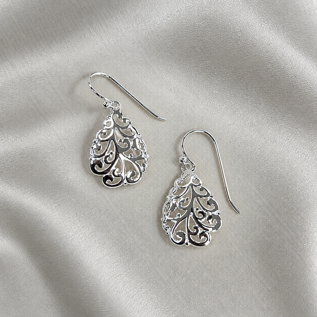 SER1916 Filigree Teardrop French Wire Earrings