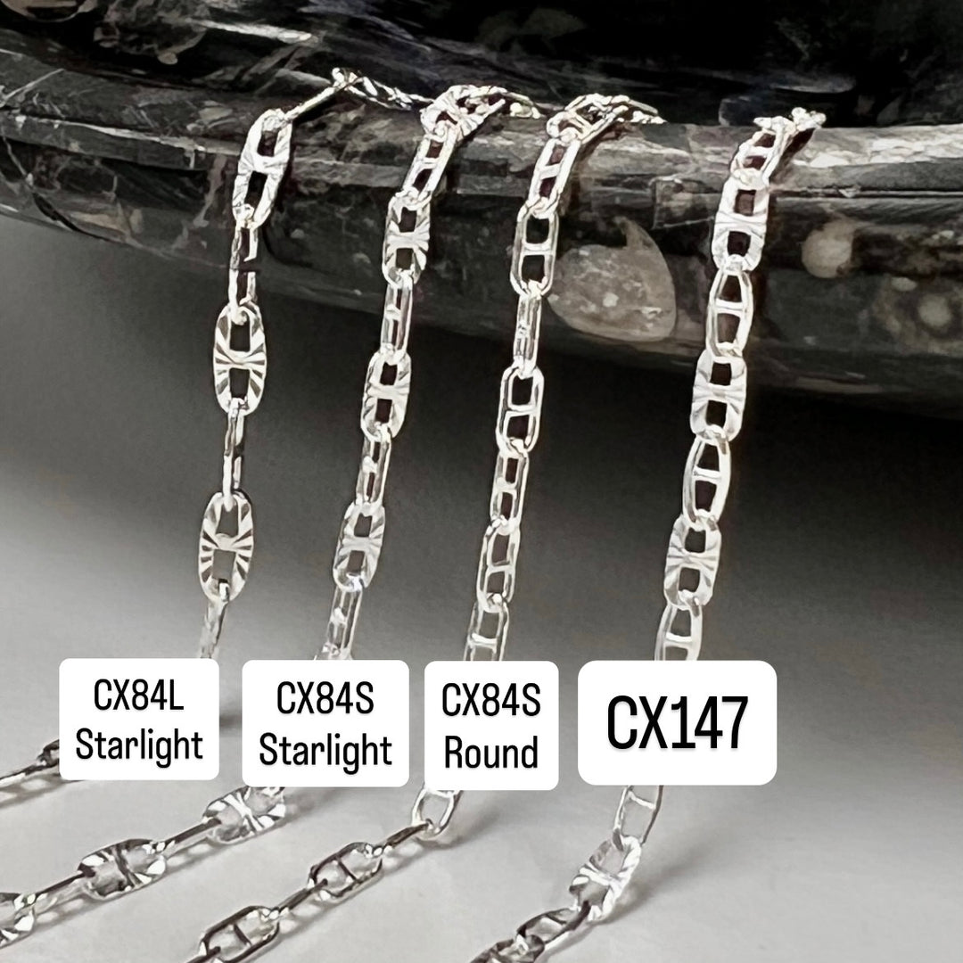 Three silver chains labeled CX84L, CX84S, and CX147 on a dark background.