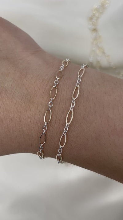 CX127K: Mixed Metal 2 Tone Long plus Short Knurled Oval Chain by the foot